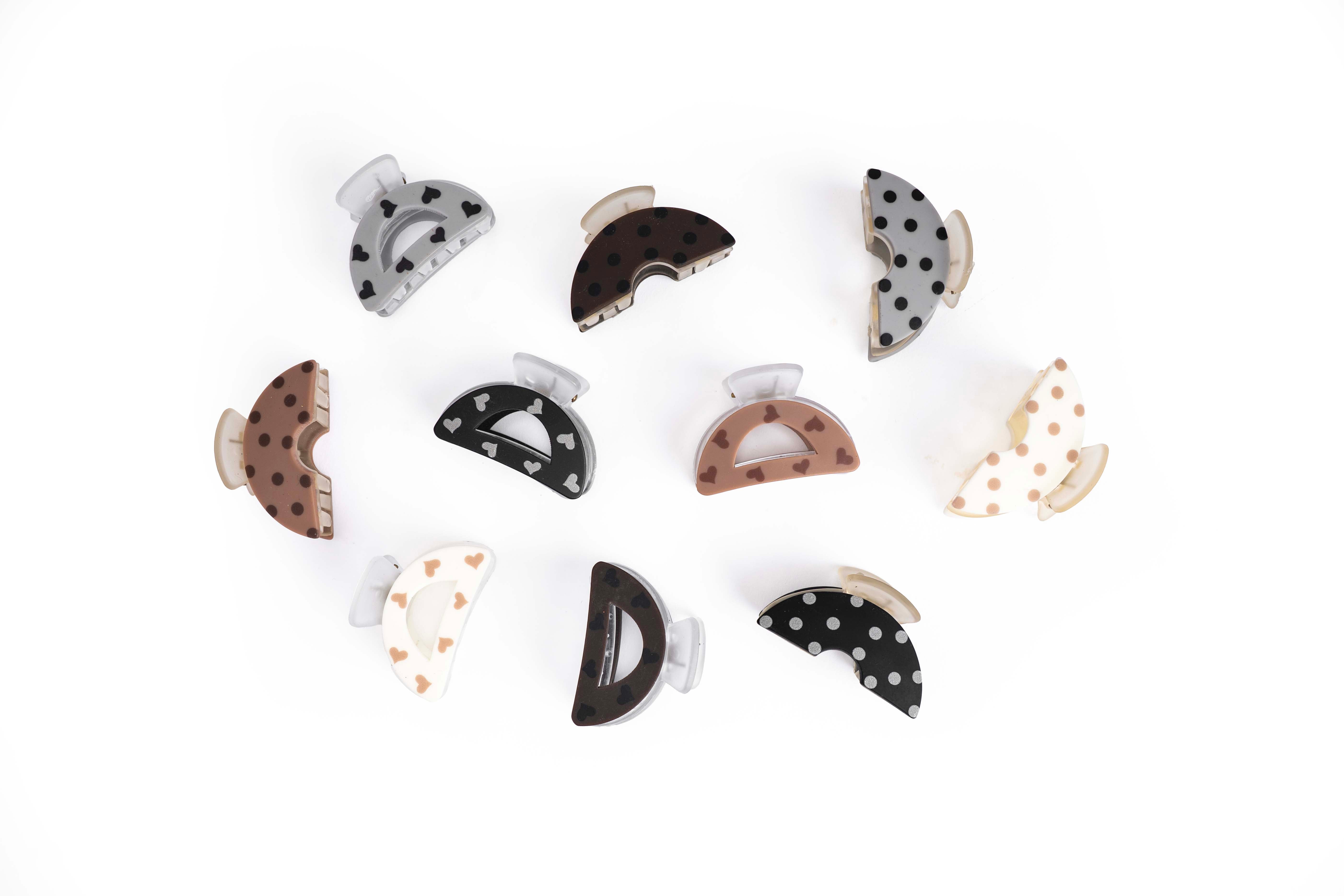 Heart & Polka Curve Hair Claw Set of 10 Pcs
