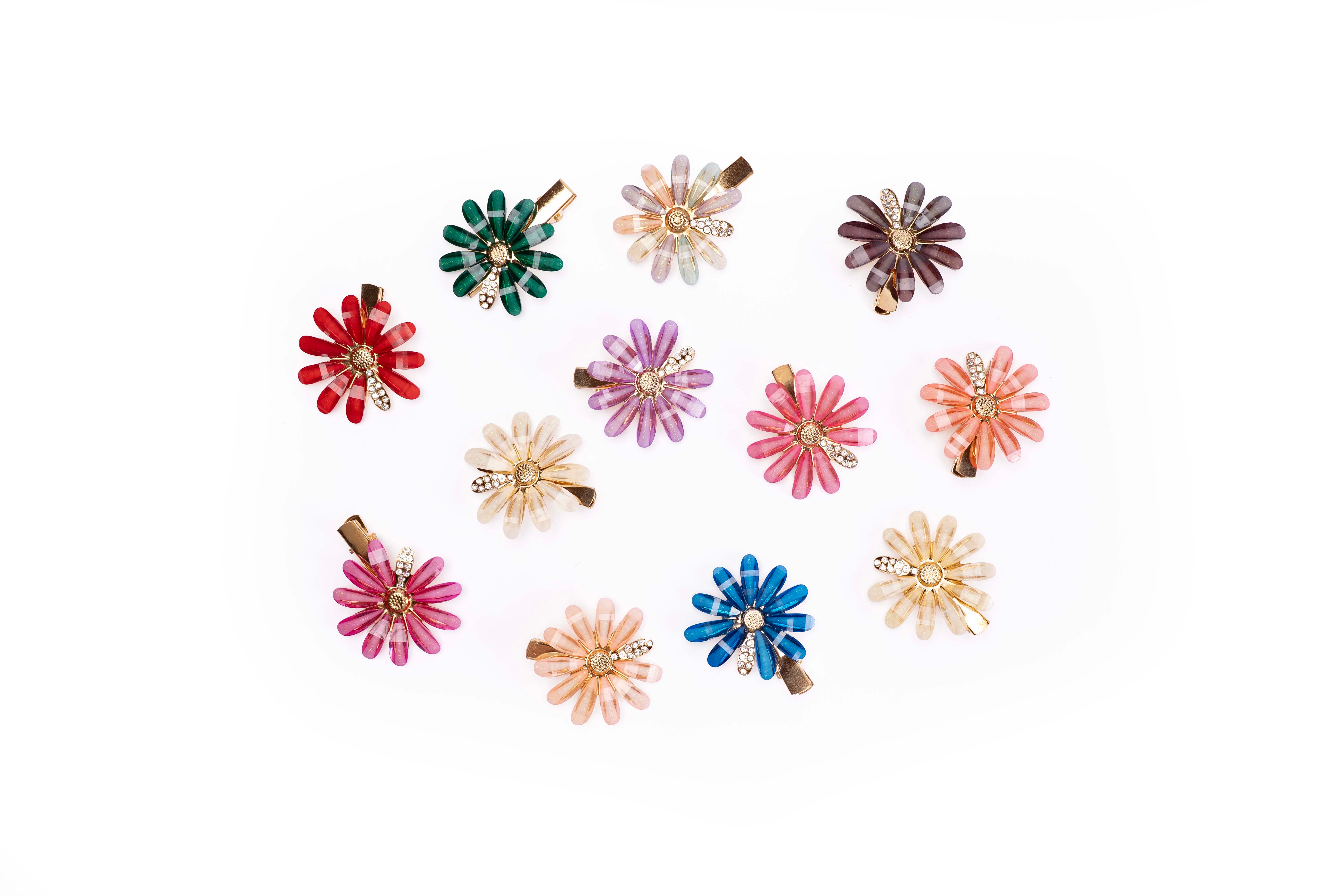 Striped Crystal Daisy Hair Clip – Set of 12