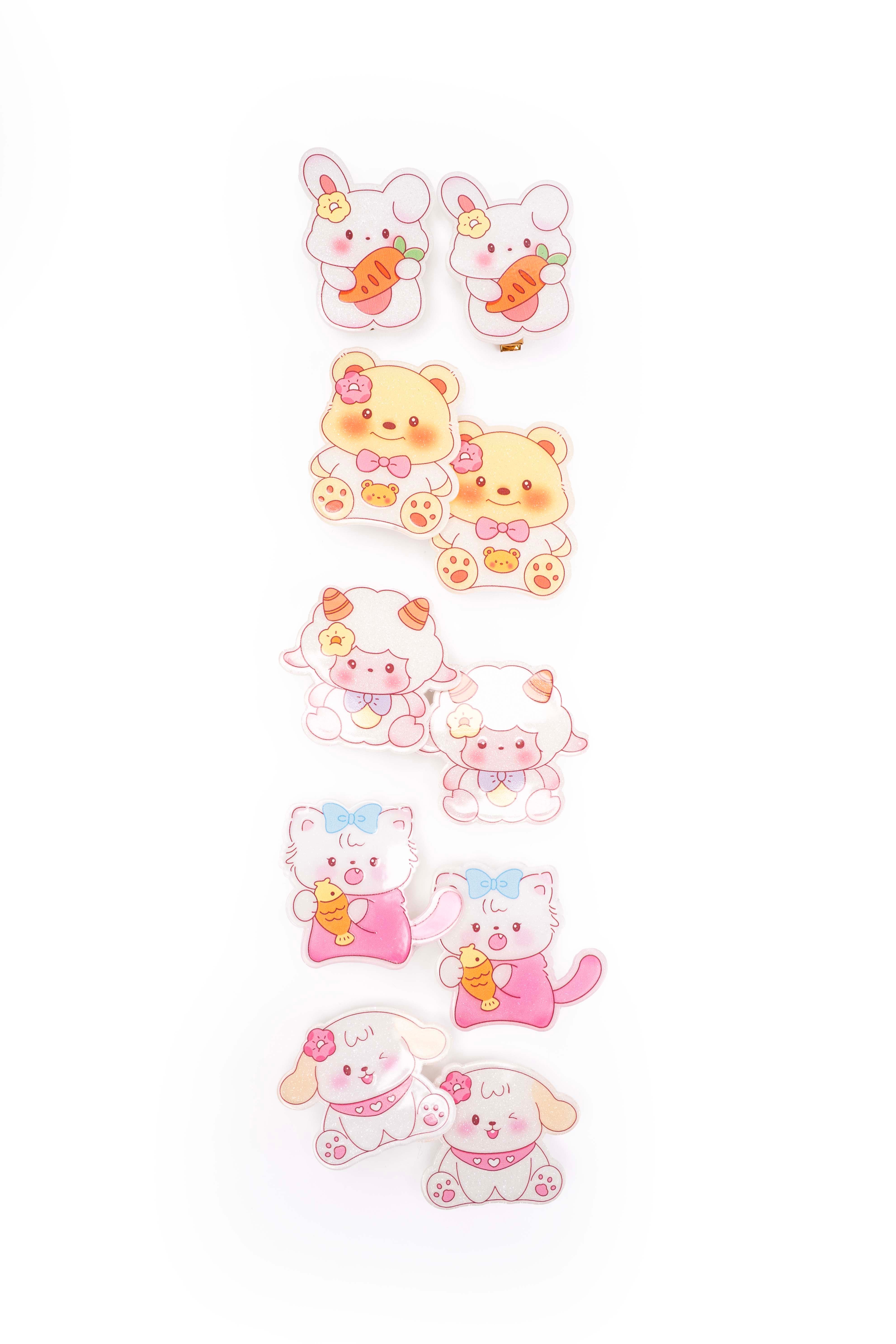 Cute Pastel Animal Cartoon Snap Hair Clips – Set of 5 Pairs