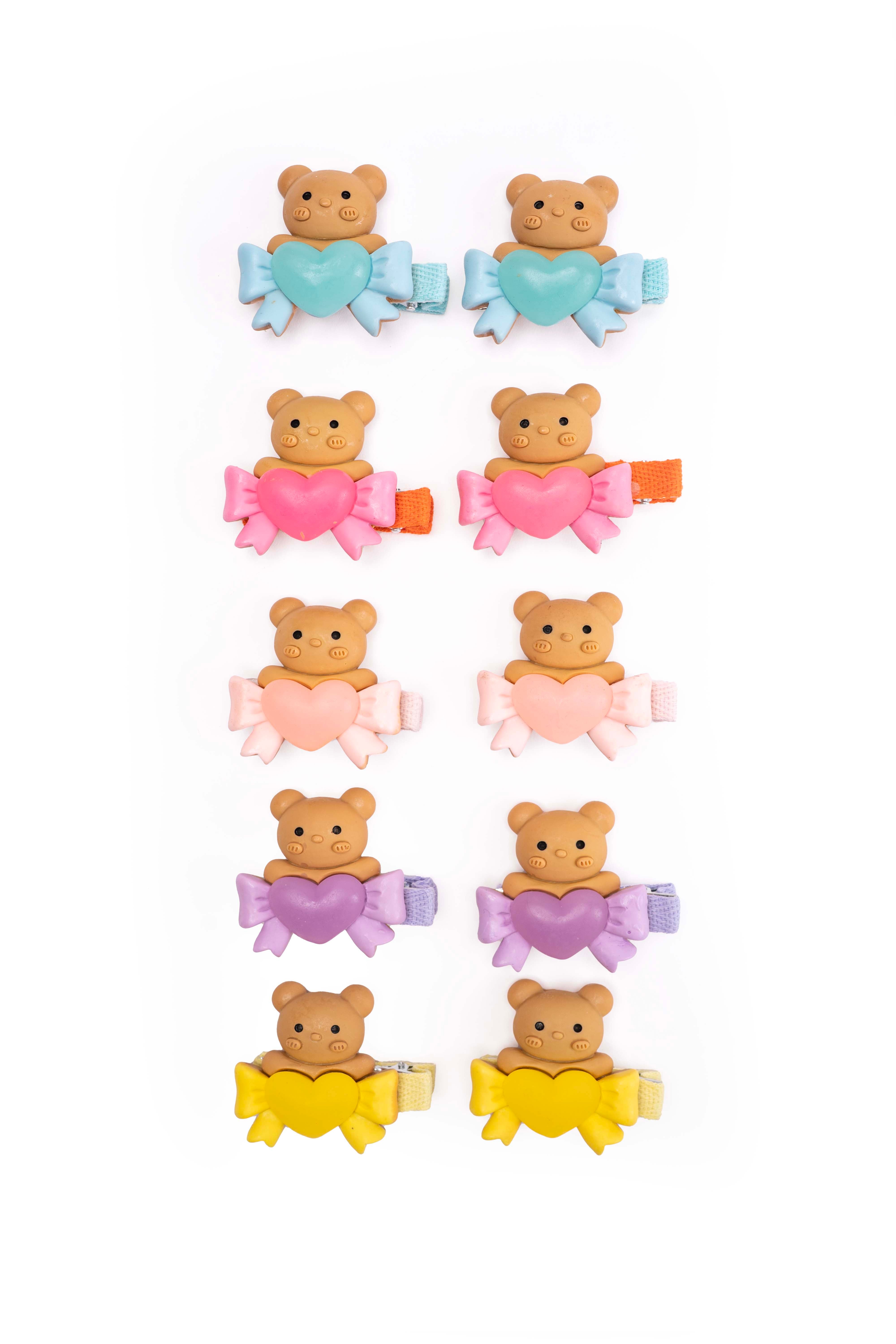 Cute Teddy Heart Bow Snap Hair Clips – Set of 5 Pairs