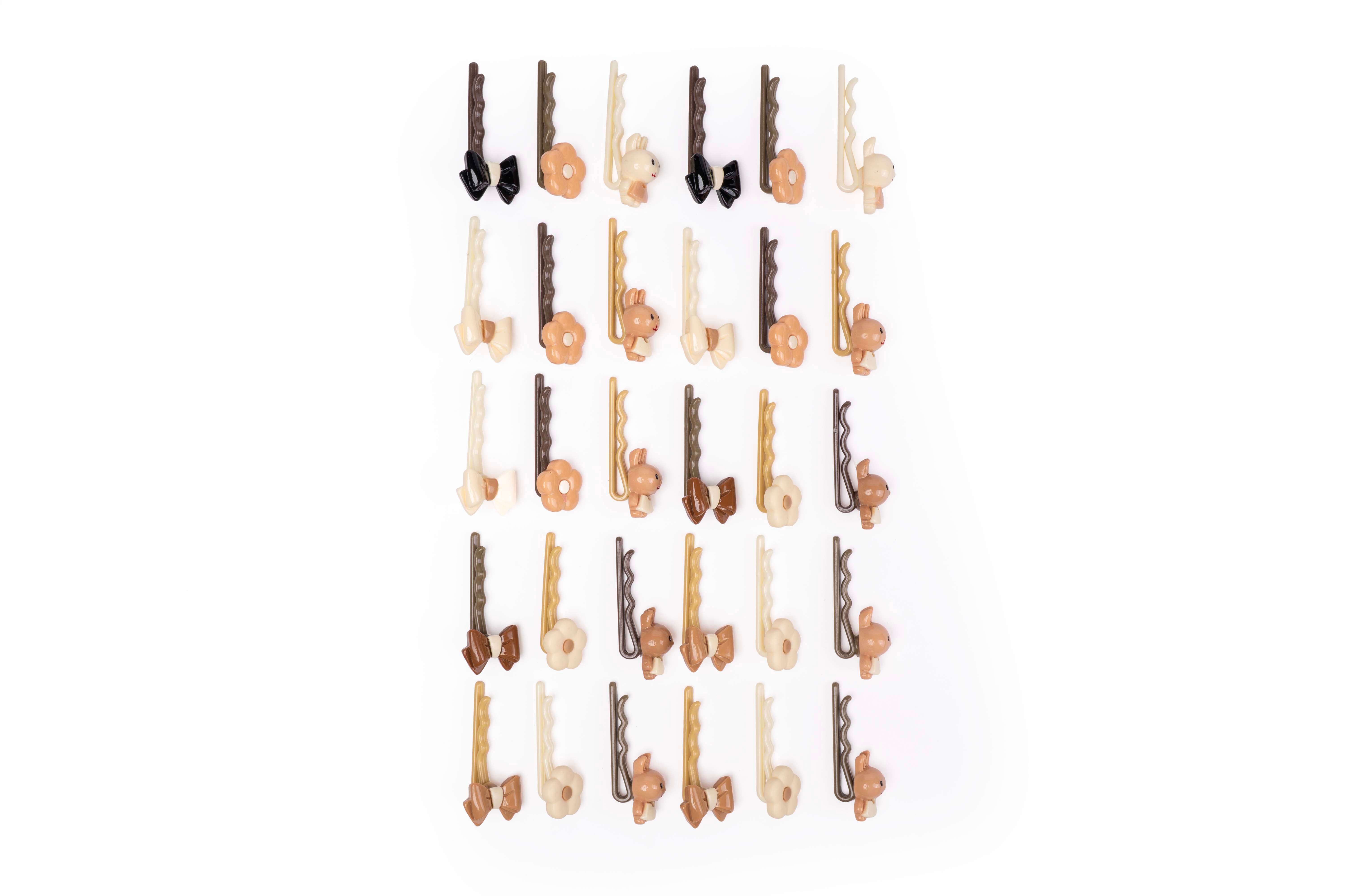 Cute Neutral Bunny & Bow Mini Bobby Hair Pins – Set of 15 Pairs