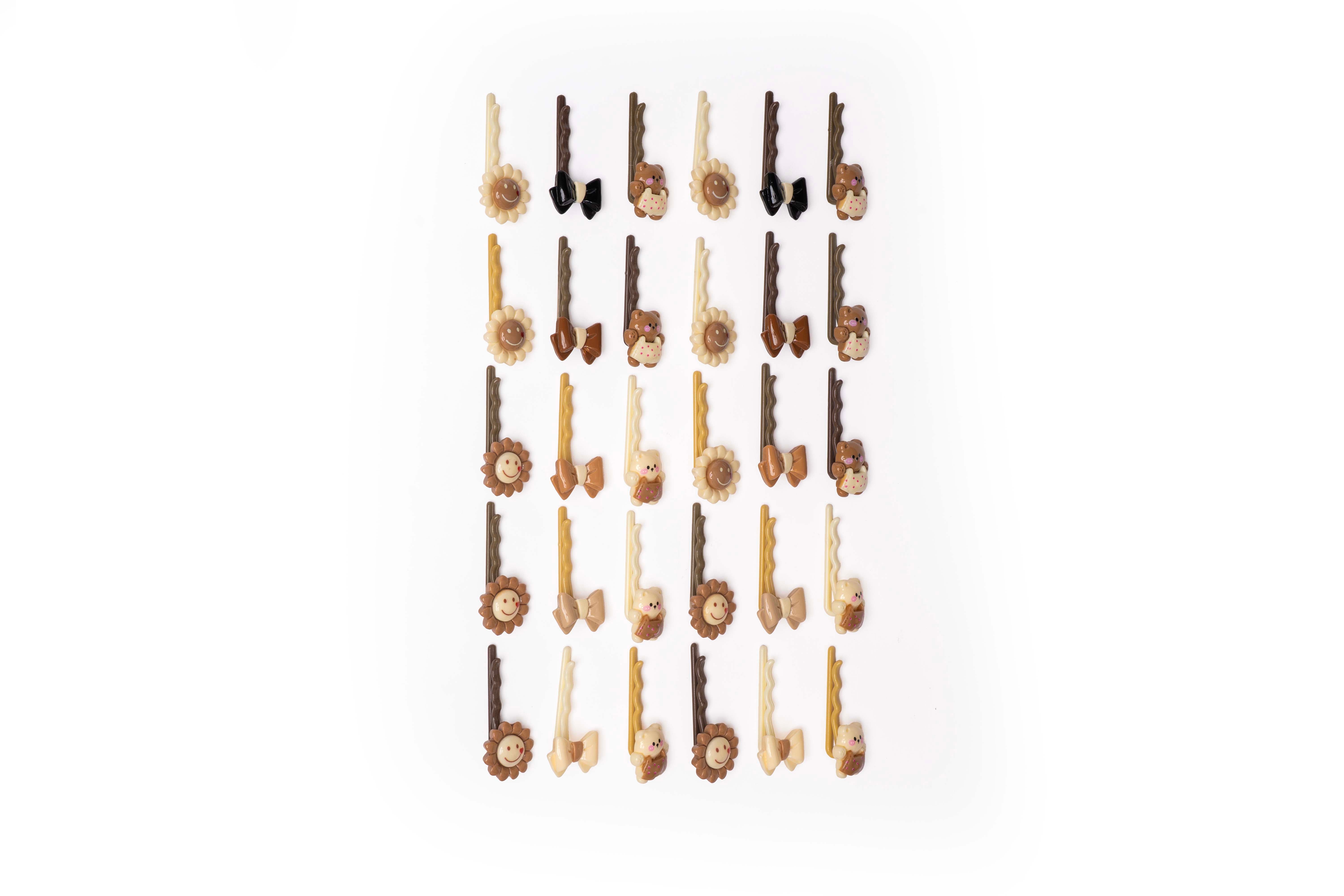 Cute Neutral Bear & Sunflower Snap Hair Clips – Set of 15 Pairs