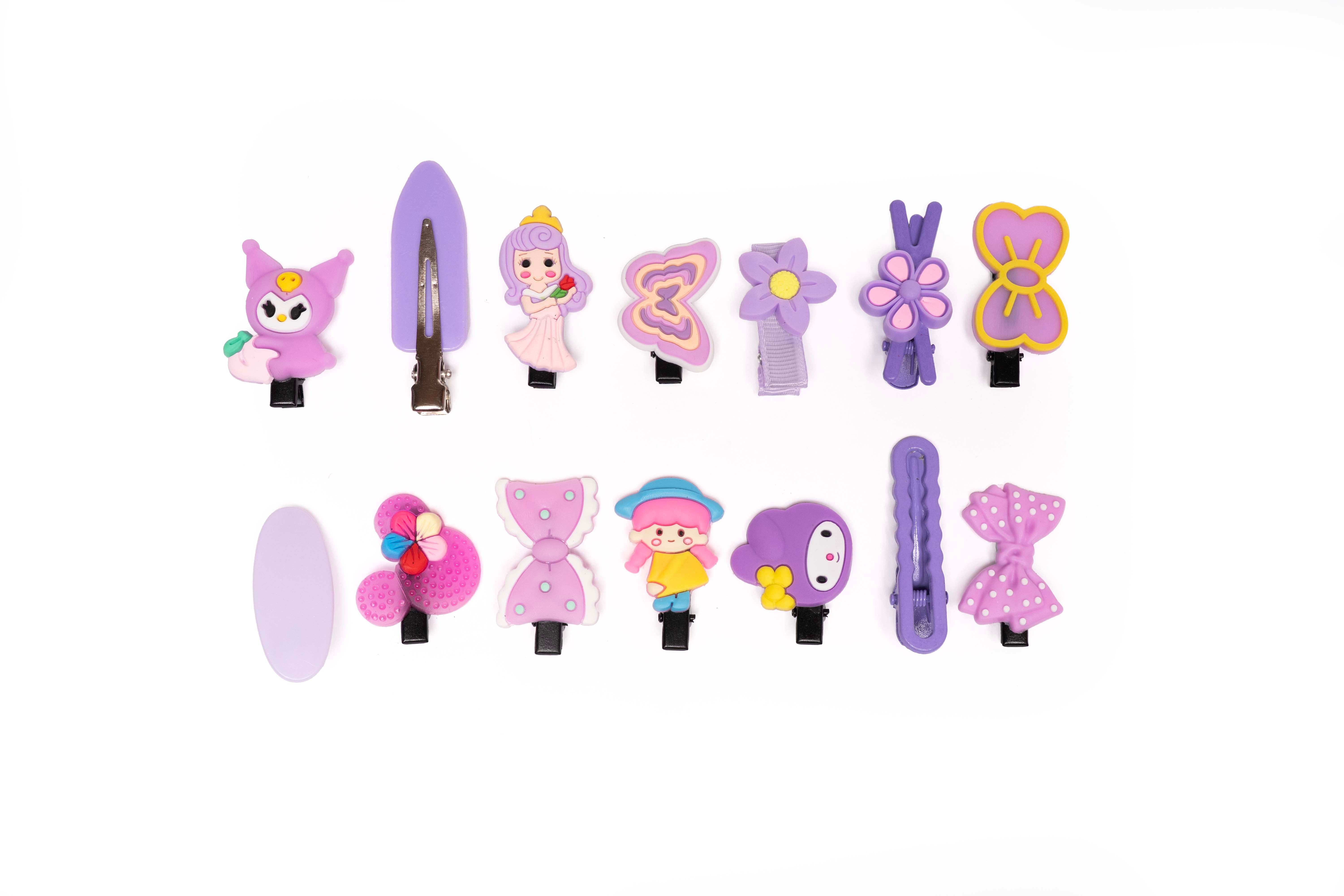 Cute Purple Cartoon Hair Clips – Set of 14