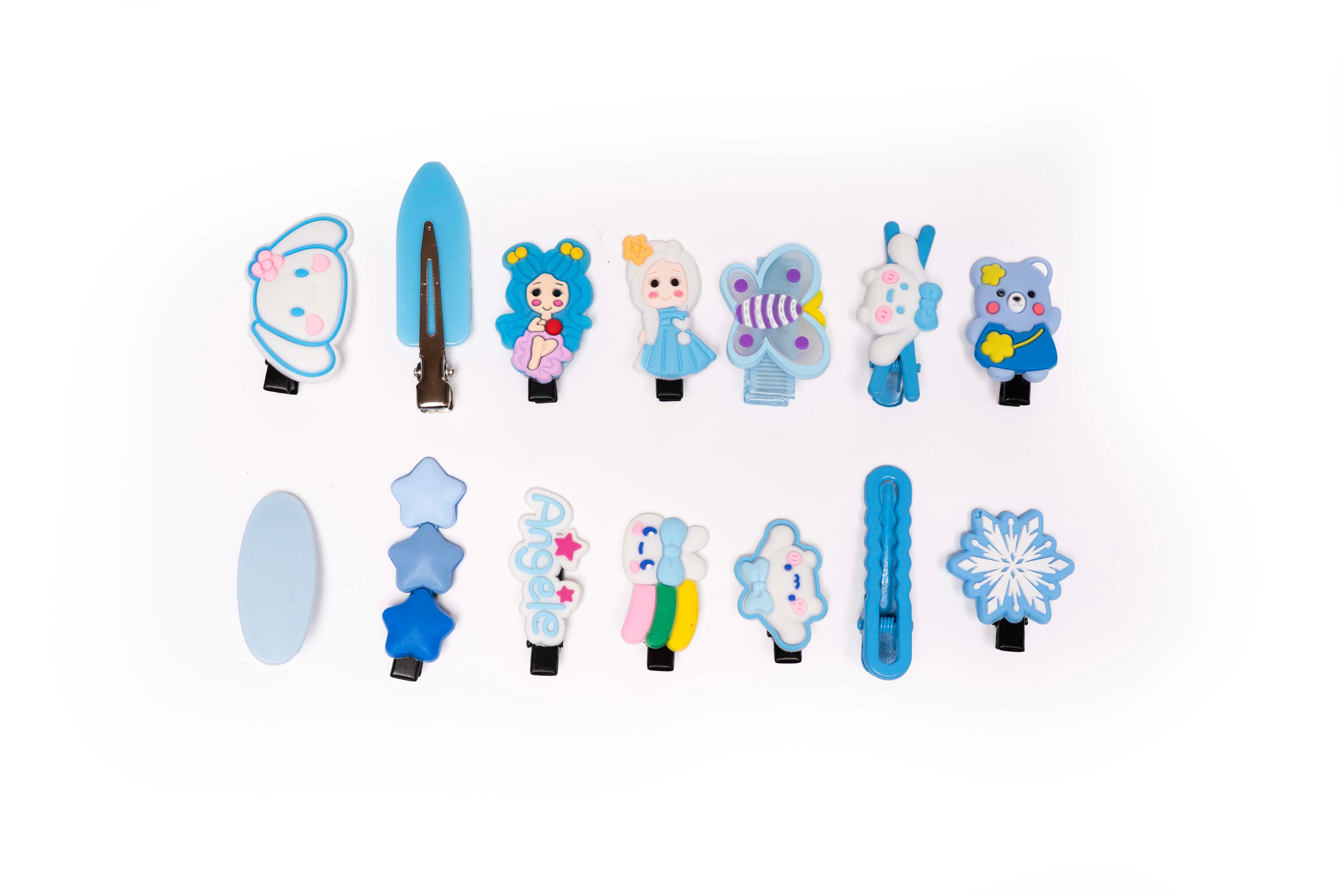 Cute Blue Cartoon Hair Clips – Set of 14