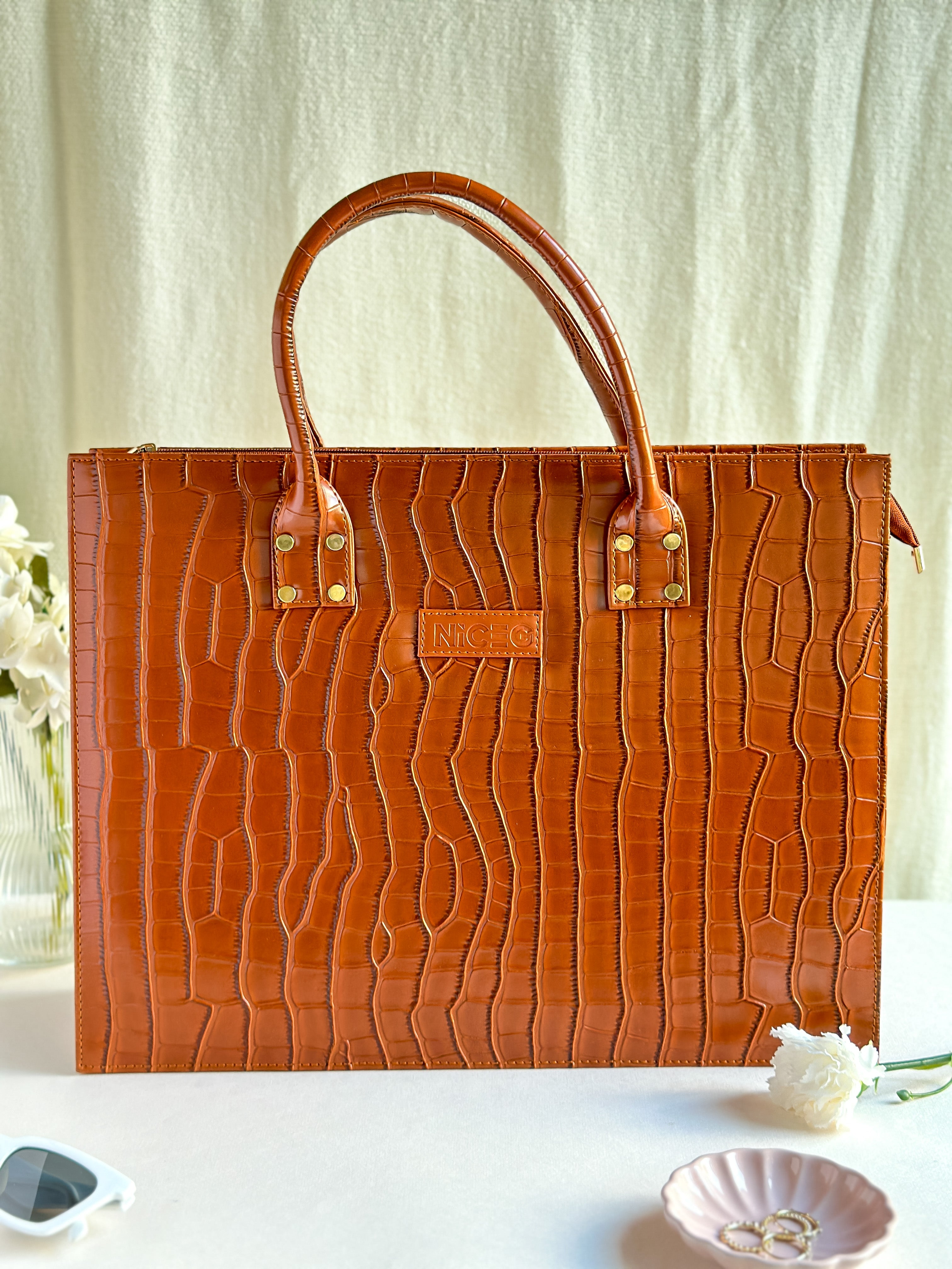 Croc Luxe Tote – Structured Work Bag – Brown