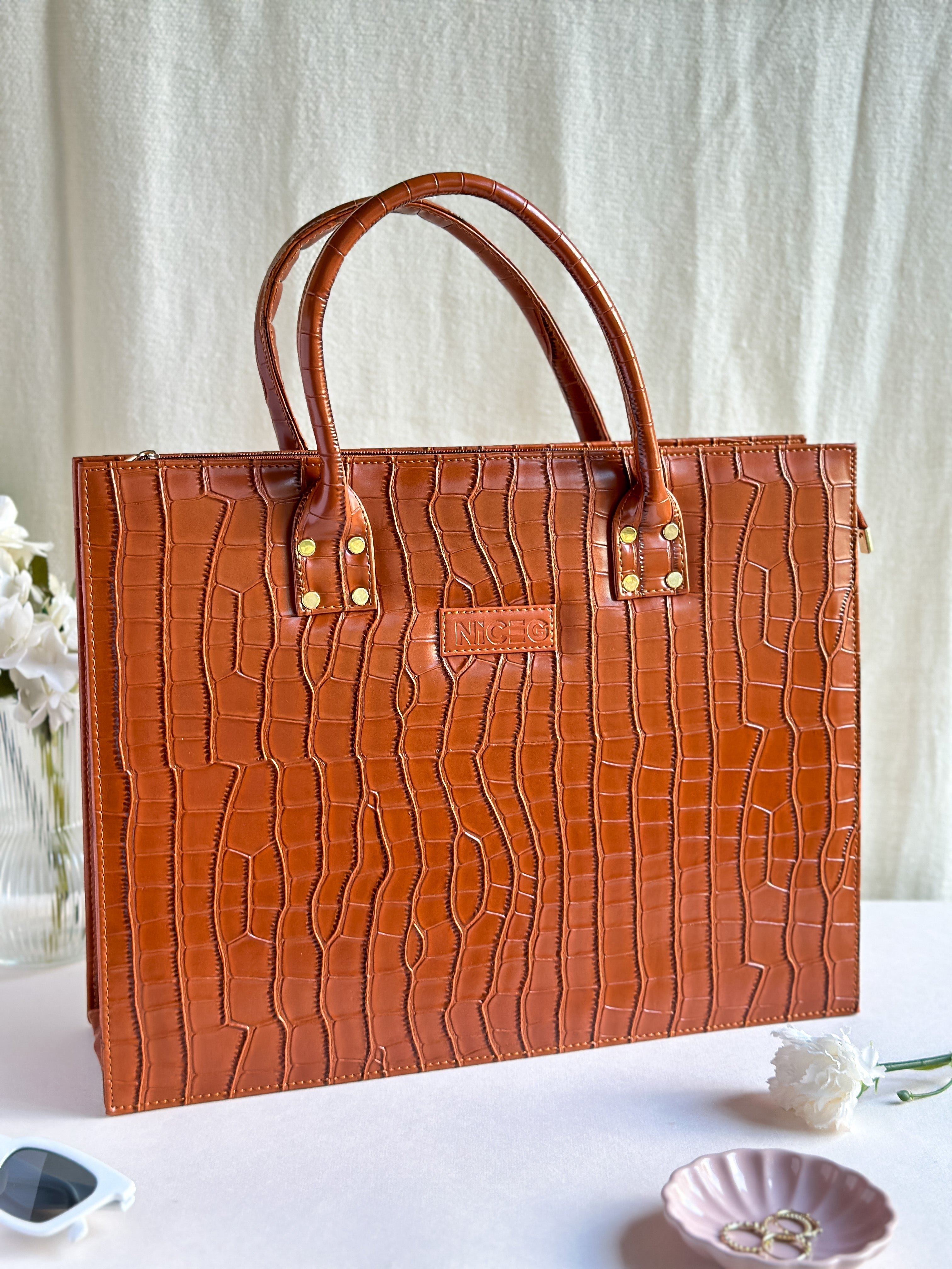 Croc Luxe Tote – Structured Work Bag – Brown