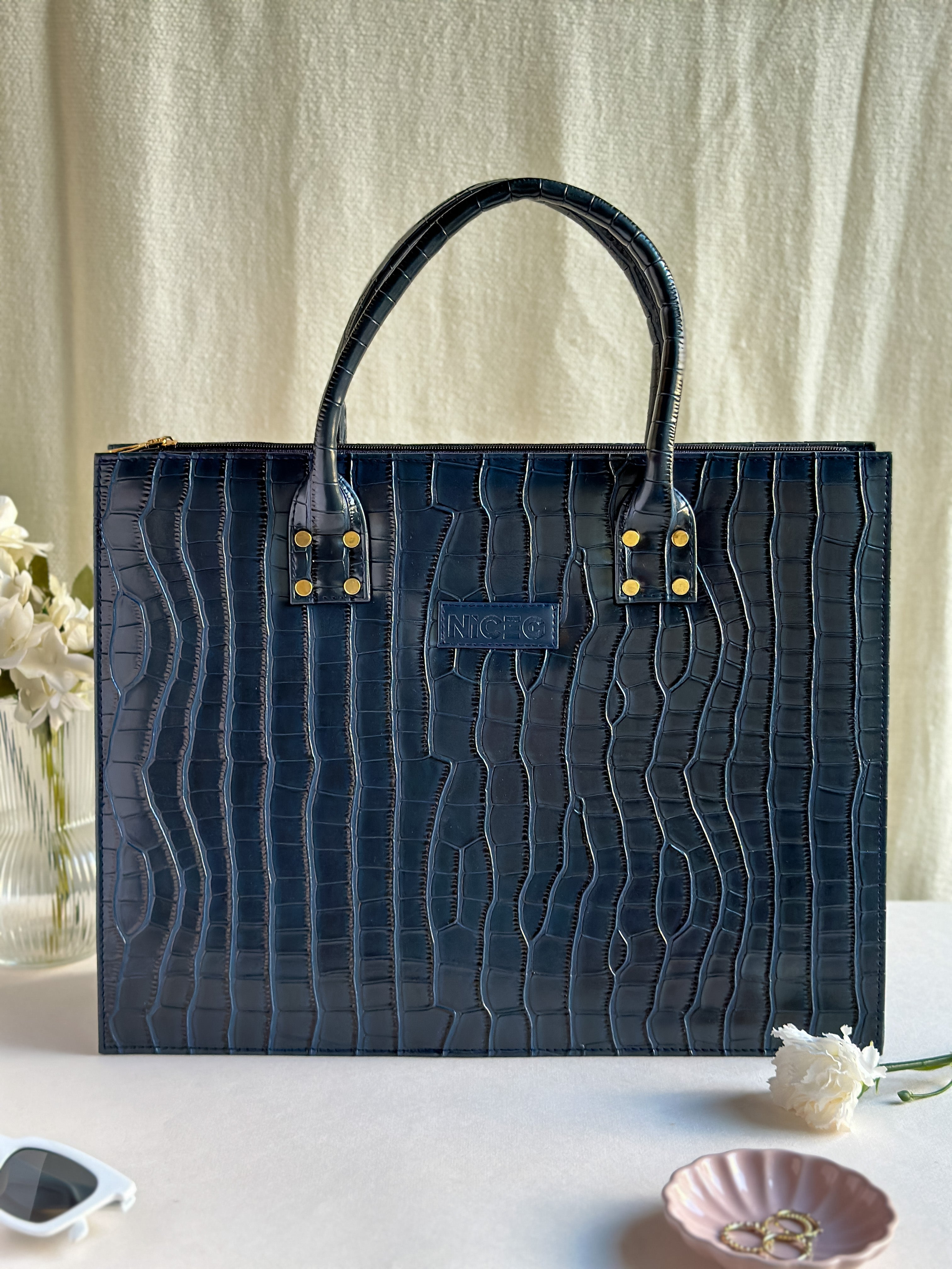 Croc Luxe Tote – Structured Work Bag – Navy